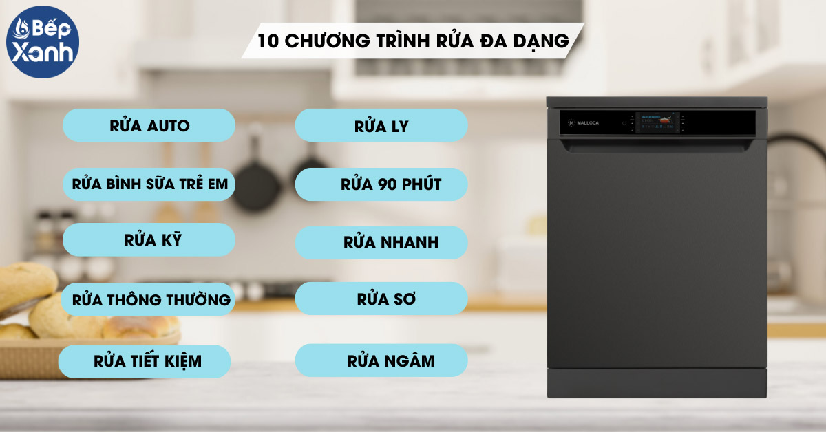 Máy rửa chén Malloca MDW14-BS10TFT tích hợp 10 chương trình rửa đa dạng