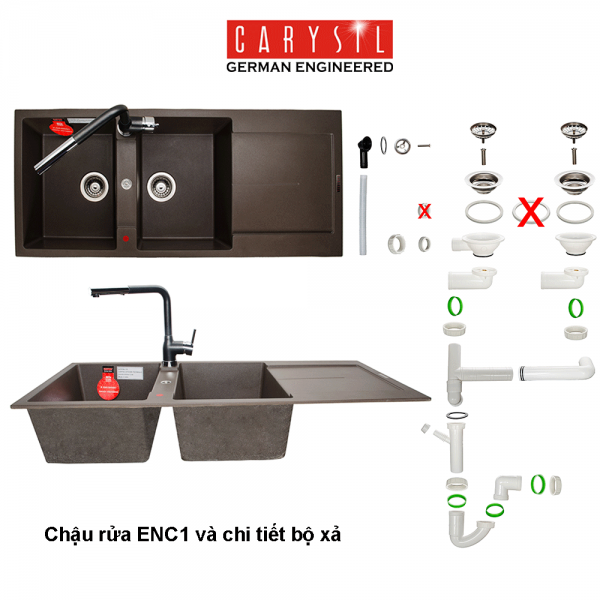 chậu rửa chén bằng đá Granite ENC1 và chi tiết Bộ Xả 