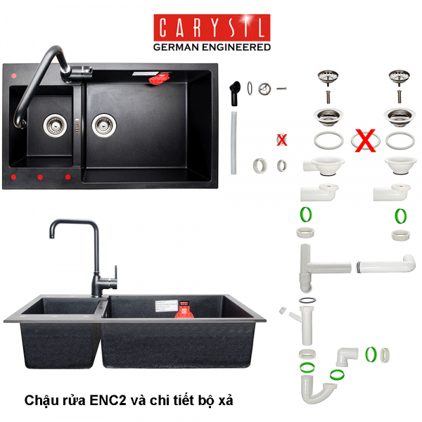 chậu rửa chén bằng đá Granite ENC2 và chi tiết Bộ Xả