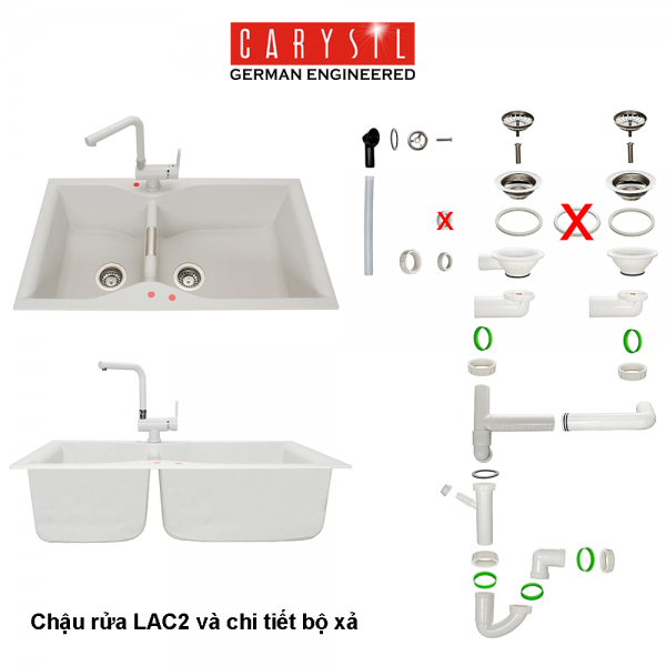 chậu rửa chén bằng đá Granite LAC2 và chi tiết Bộ Xả