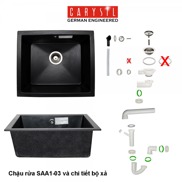 chậu rửa chén bằng đá Granite SAA1 và chi tiết Bộ Xả