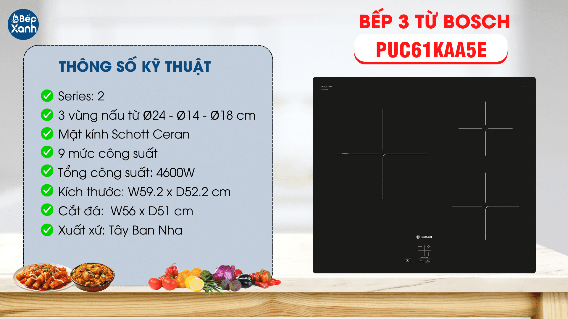 các thông số kỹ thuật của bếp từ Bosch PUC61KAA5E