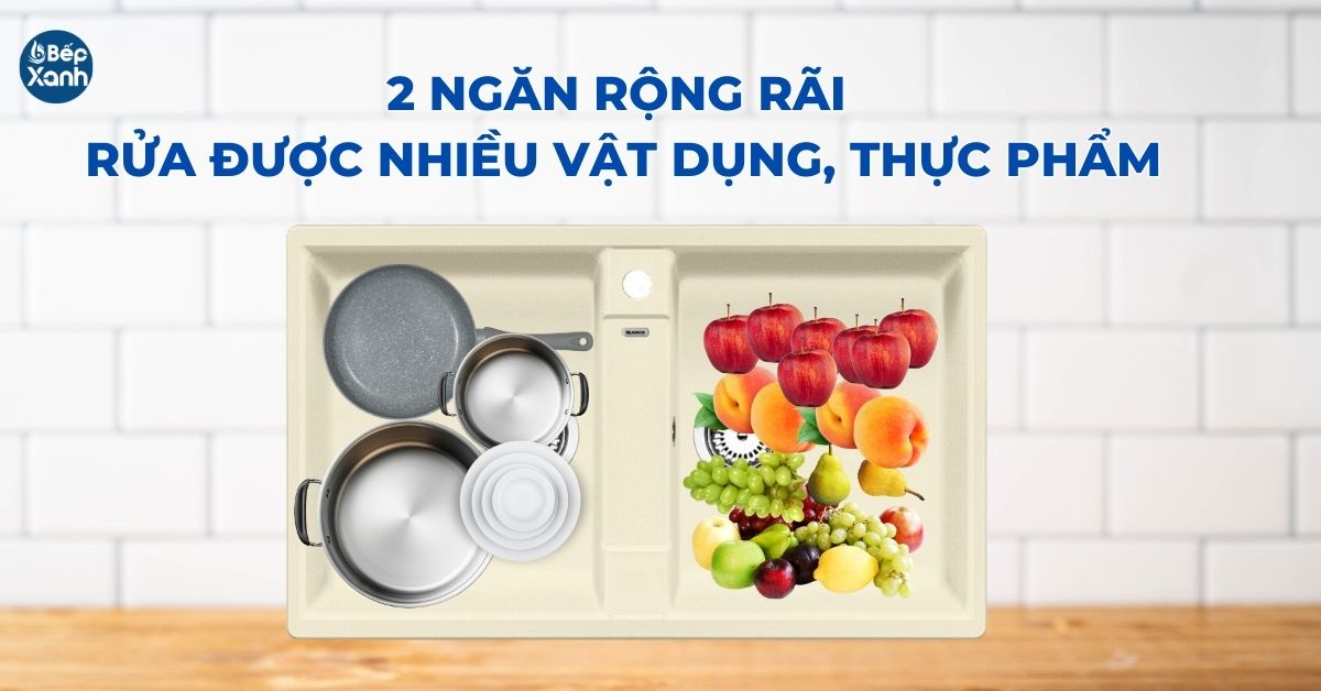2 ngăn của chậu thuận tiện rửa rau củ quả và xoong nồi lớn