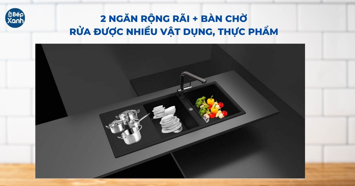 2 ngăn chậu rộng rửa xoong nồi lớn, bàn chờ thuận tiện sơ chế