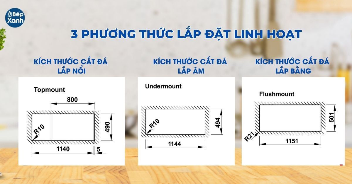 chậu Hafele HS20-GKD2S80 có thể lắp âm, lắp bằng hoặc lắp dương