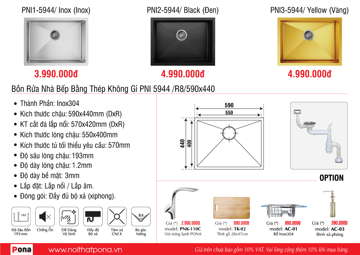 chi tiết sản phẩm chậu inox304 1 hố PONA