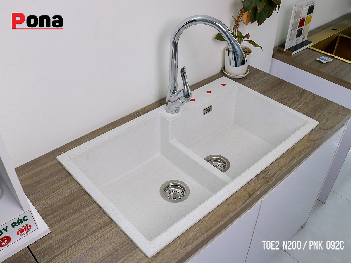 Chậu rửa chén đá Granite Cao Cấp PONA 2 hố màu trắng tiêu xanh TOE2-N200