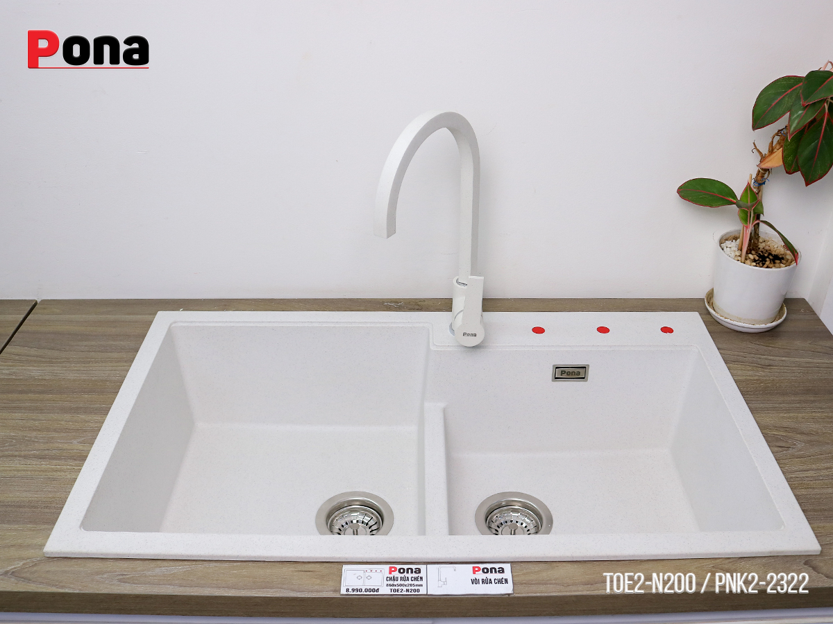 Chậu rửa chén đá Granite Cao Cấp PONA 2 hố màu trắng tiêu xanh TOE2-N200