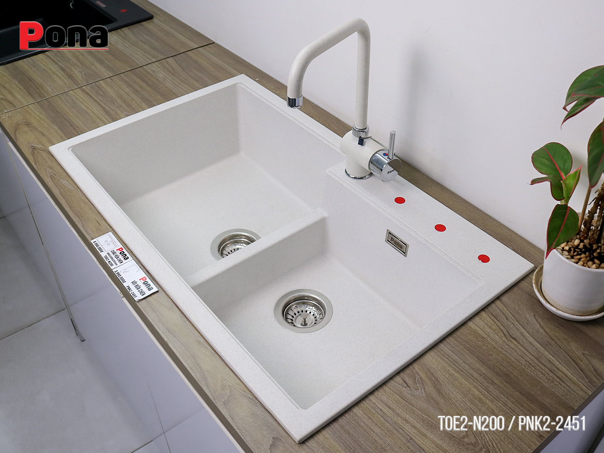 Chậu rửa chén đá Granite Cao Cấp PONA 2 hố màu trắng tiêu xanh TOE2-N200