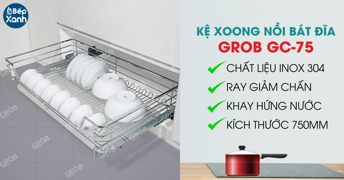Kệ bát đĩa đa năng inox nan dẹt tủ 750 Grob GC-75