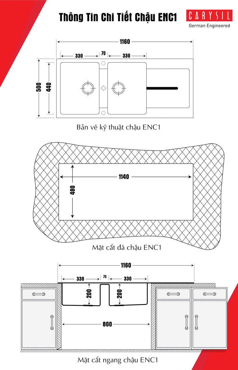 Chậu rửa chén bằng đá Granite 2 hộc ENC1 và bản vẽ chi tiết