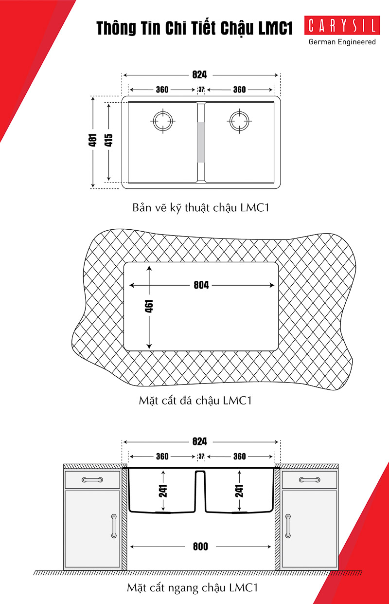 hình ảnh Chậu rửa chén bằng đá đôi granite LMC1 và chi tiết kích thước
