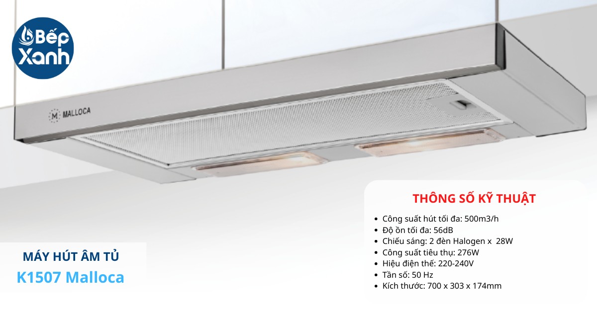 Máy hút mùi Malloca âm tủ có đèn halogen chiếu sáng tốt