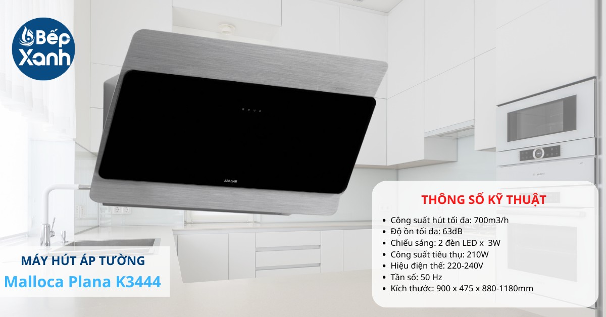 Máy hút mùi áp tường Malloca Plana K3444 có mặt kính đen hiện đại