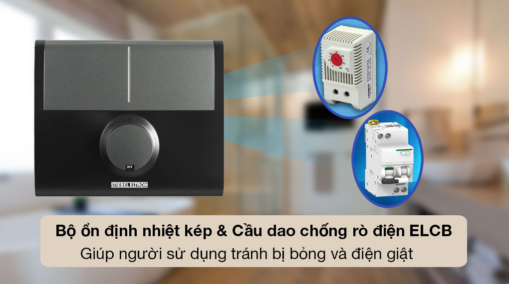 Máy nước nóng trực tiếp Stiebel Eltron 6000W DDC 6 EC - Tích hợp Bộ ổn định nhiệt kép và Cầu dao chống rò rỉ điện ELCB giúp người dùng tránh bị bỏng và giật điện 
