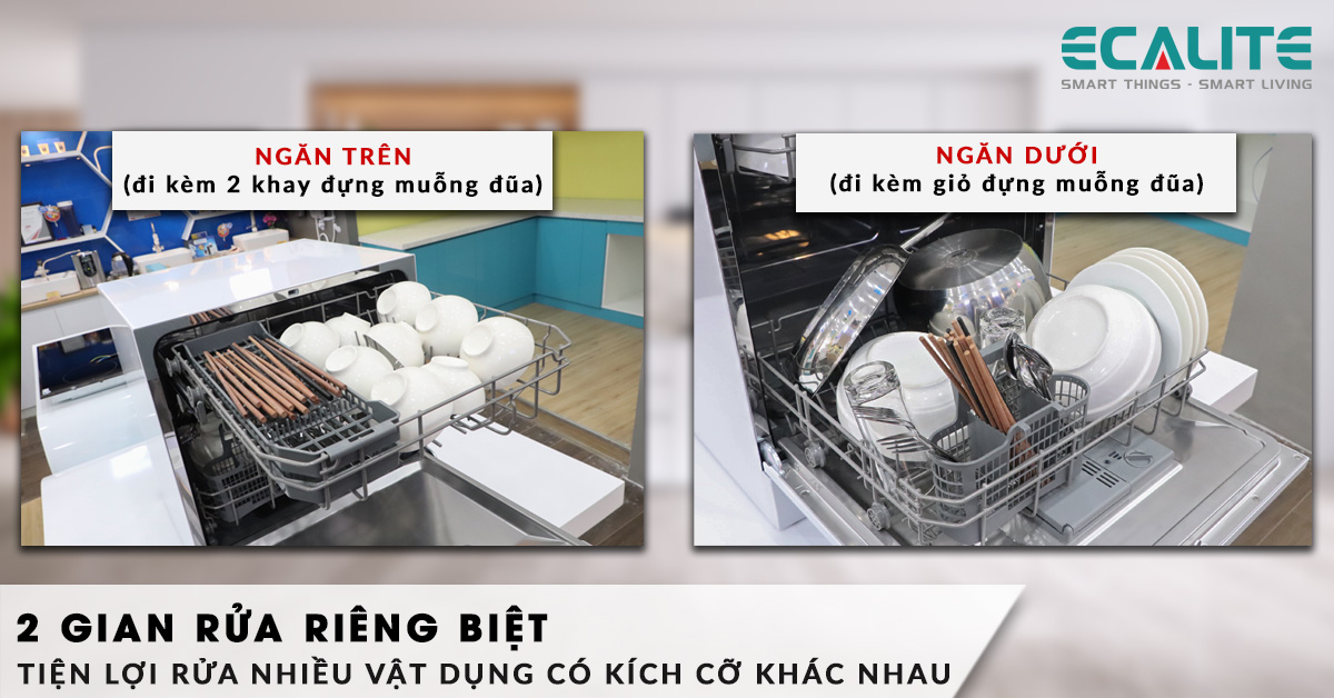 Máy rửa chén Ecalite EDW-SMS6080WH có 2 gian rửa riêng biệt