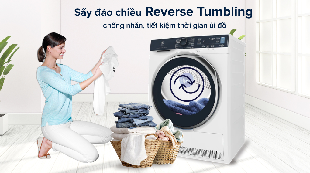Máy sấy bơm nhiệt Electrolux 9 kg EDH903R9WB - Sẩy đảo chiều giảm nhăn quần áo Máy sấy bơm nhiệt Electrolux 9 kg EDH903R9WB - Sẩy đảo chiều giảm nhăn quần áo