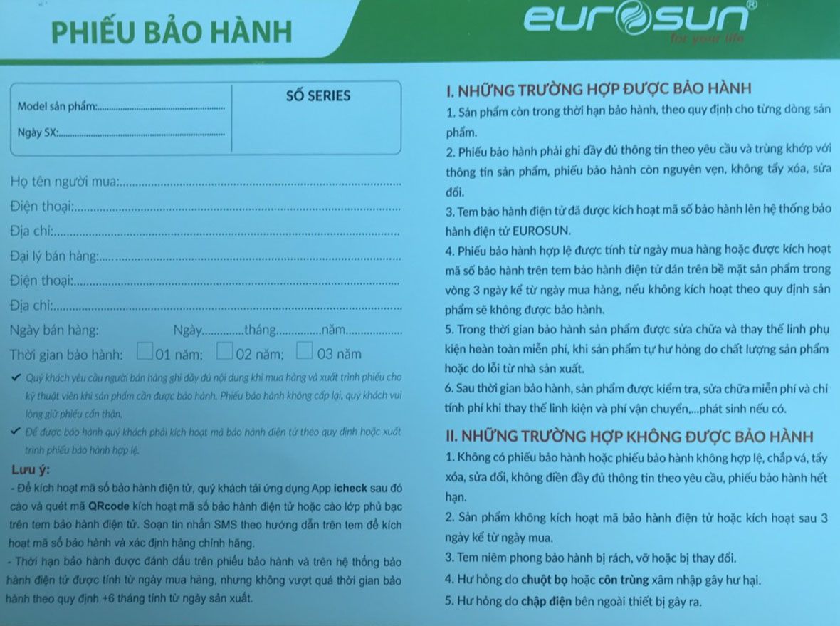 Phiếu bảo hành Eurosun mặt sau