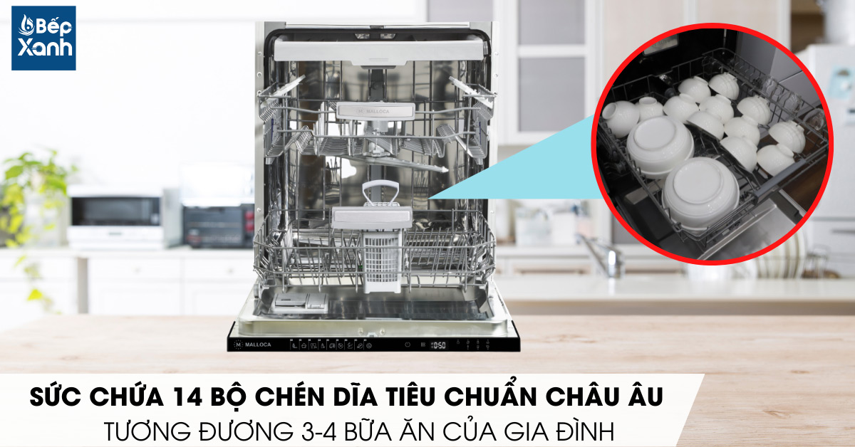 Sức chứa lớn cùng 3 ngăn rửa rộng rãi của máy rửa chén Malloca MDW14-B09FI