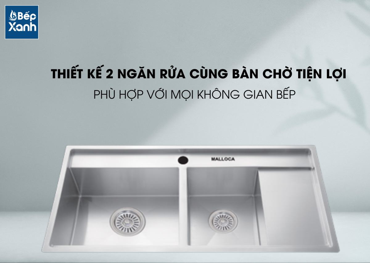 Thiết kế 2 ngăn rửa rộng rãi kết hợp bàn chờ của chậu Malloca MS-6305