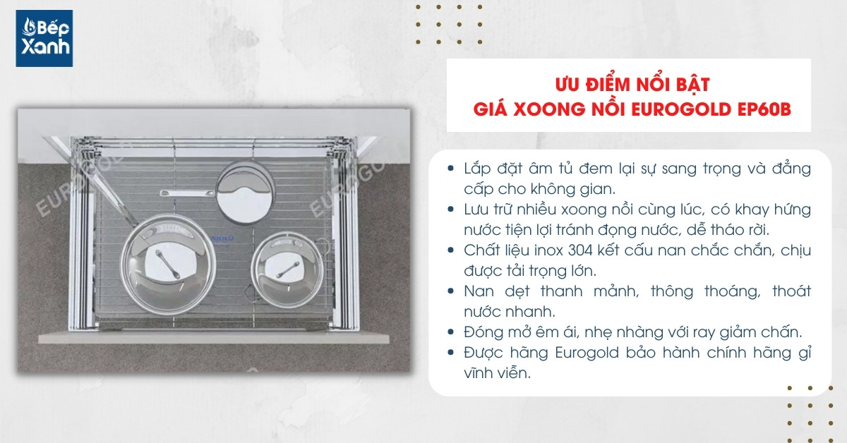 Giá xoong nồi âm tủ Eurogold EP60B có nhiều ưu điểm để sở hữu