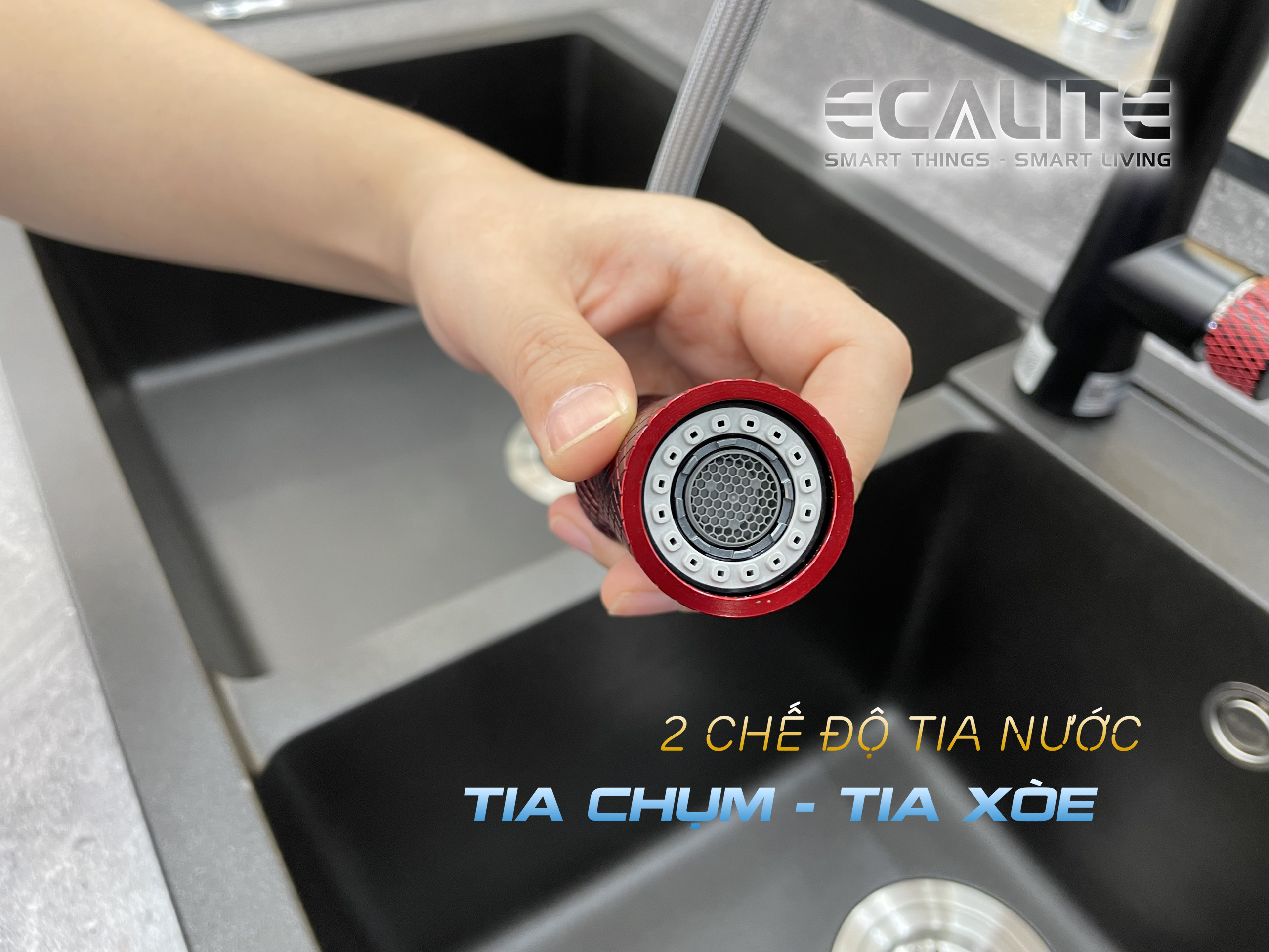 Vòi rửa chén nóng lạnh dây rút E-Signature Ecalite EF-N2023B đầu vòi có lọc rác
