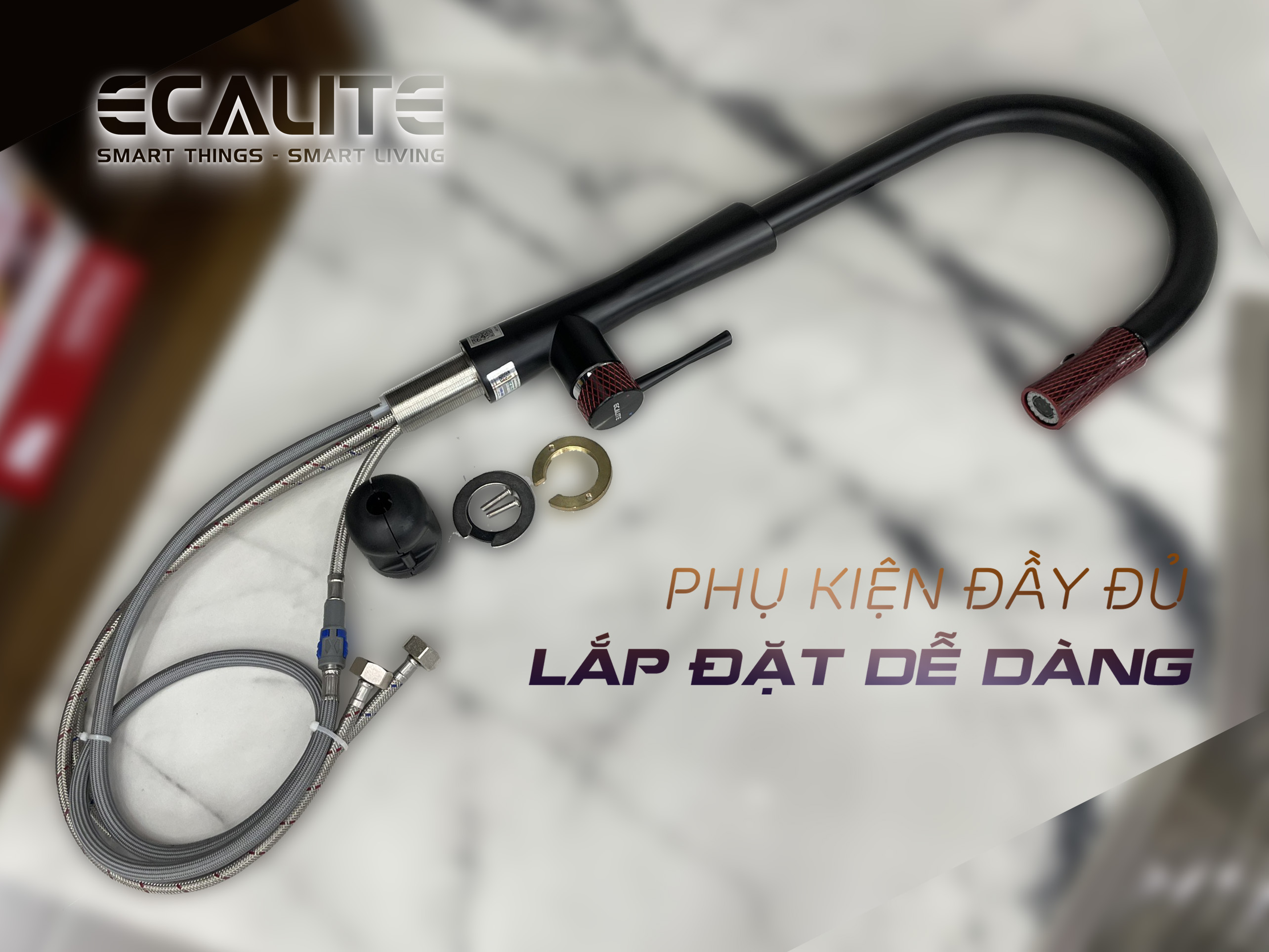 Vòi rửa chén nóng lạnh dây rút E-Signature Ecalite EF-N2023B phụ kiện đầy đủ