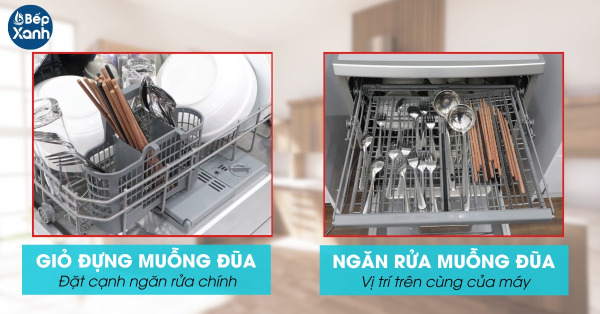 Hai thiết kế vị trí để muỗng đĩa trên các dòng máy rửa chén khác nhau